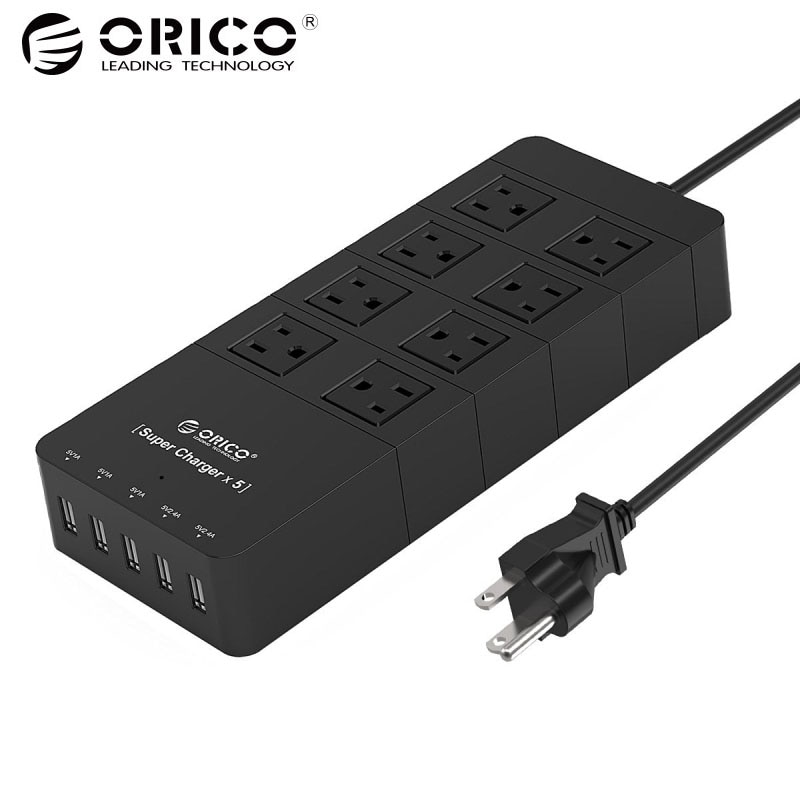 ORICO HPC-8A5U-US-BK家庭尺寸8出口電湧保護器電源板，帶5端口40W USB充電器FO