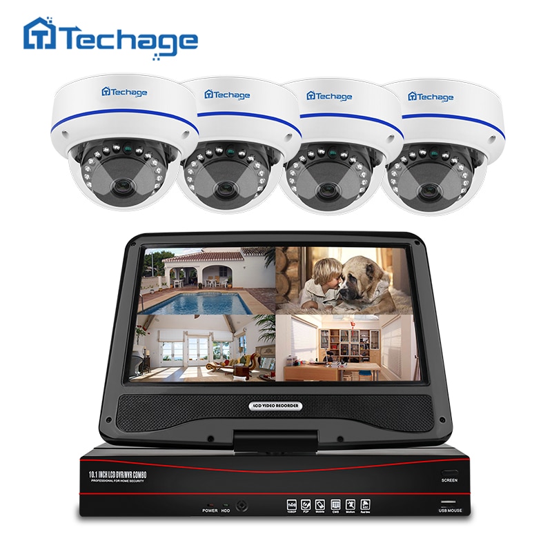 Techage 8CH 1080P POE CCTV系統10.1“ LCD NVR試劑盒2MP室內室外圓頂防護IP攝像頭P2