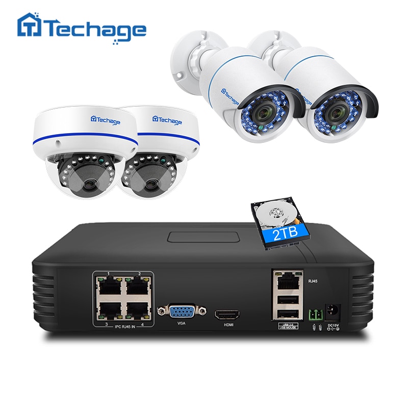 Techage 4CH 1080P POE NVR CCTV安全系統1080P 2MP IR室外圓頂室內POE IP攝像機P2P VI