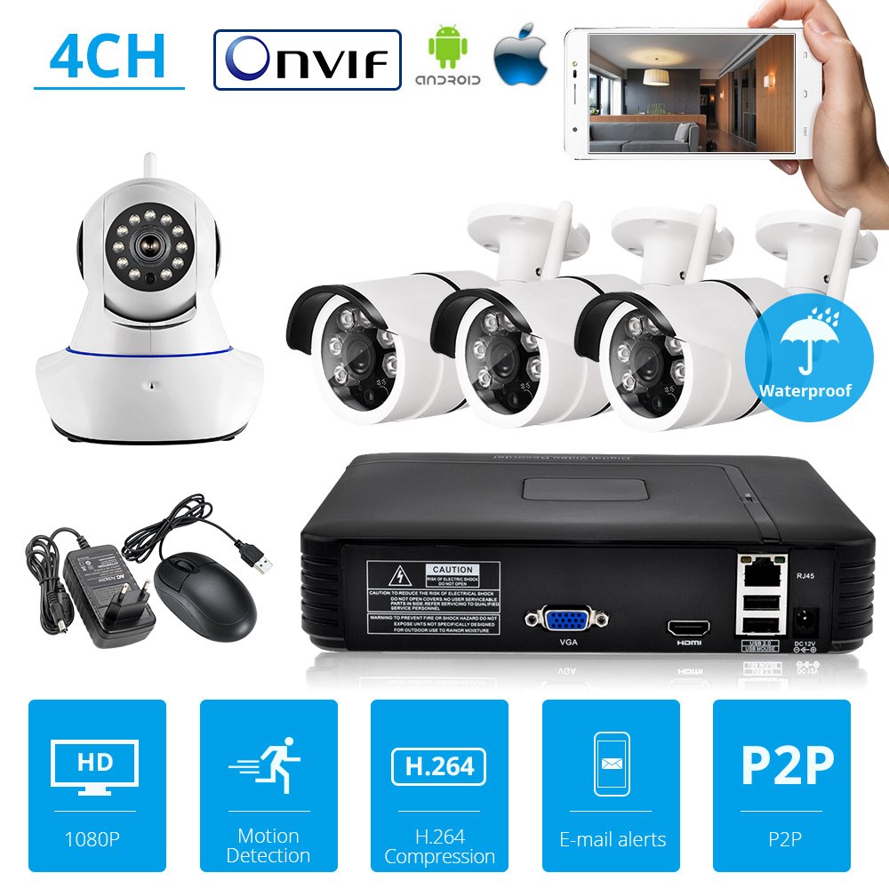 KERUI安全攝像機系統NVR套件全高清4頻道安全CCTV NVR ONVIF WIFI攝像機系統WI