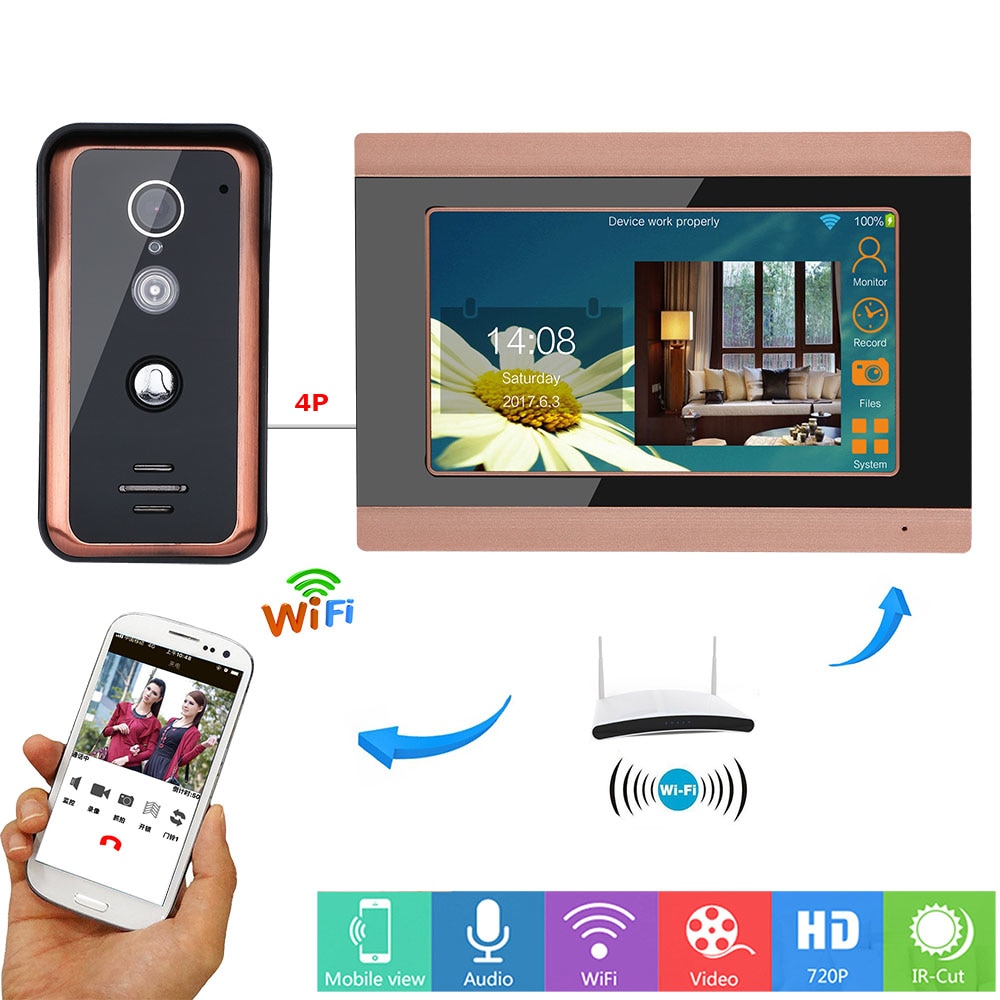 7英寸有線Wired Vifi視頻門電話門鈴對講系統帶有1000TVL有線IR-CUT相機n