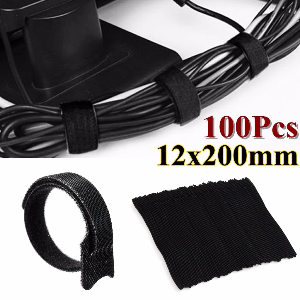 通用100 pcs 12x200mm黑色可重複使用的尼龍電纜電線組織者黑色電纜綁帶包裹整齊